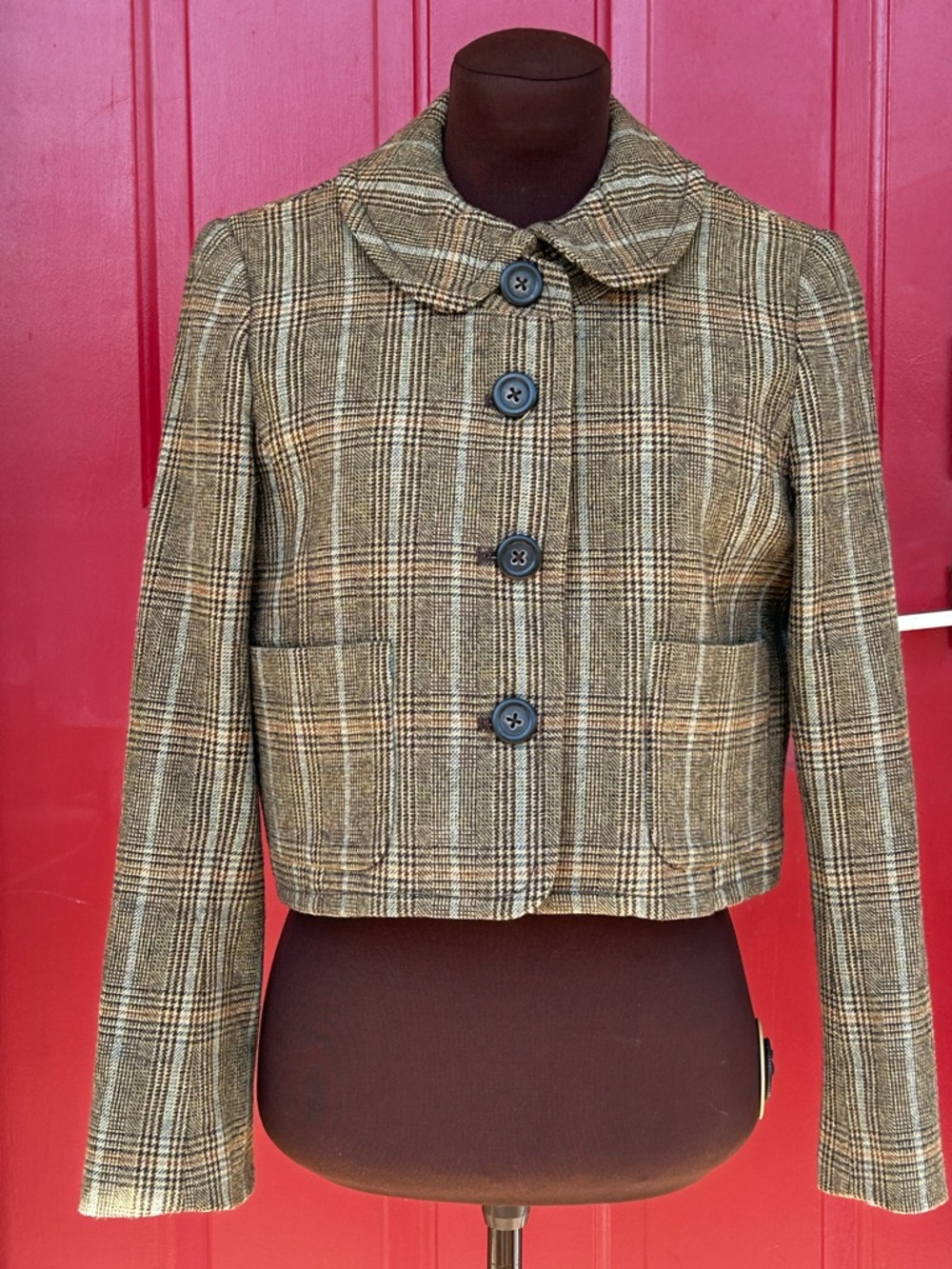 J CREW s6 brn Plaid Cropped Blazer-rounded collar-lined-wool-adorable-LOOKS NEW! - Picture 4 of 6